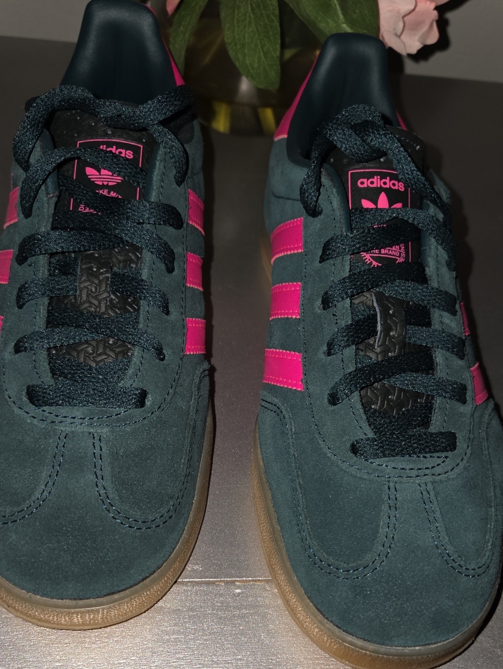 adidas Suede Sneakers in Teal with Pink Stripes